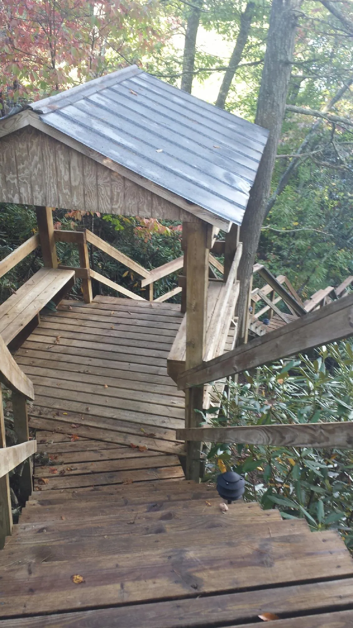 Metal roofed shelter over wooden steps on a wooded walkway — Skylight Repair & Installation work by our crew in Bonaparte